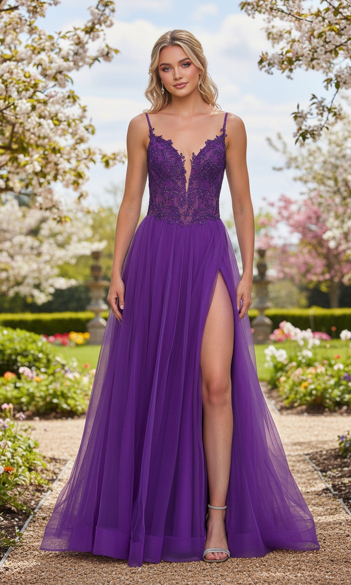 A woman stands outdoors in a purple Beaded-Corset Long Prom Ball Gown (La Femme 33674), featuring a sleeveless design and high slit, surrounded by flowering trees and a garden path.
